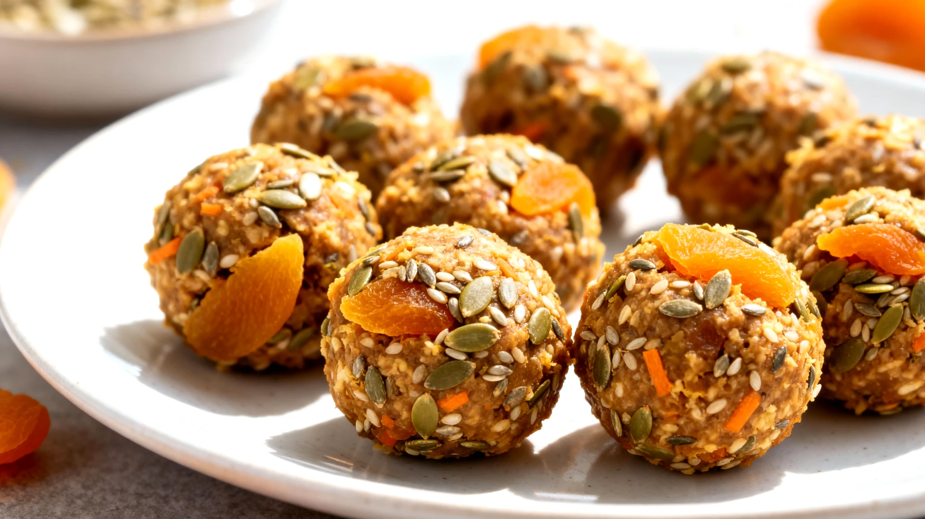 Karottenkuchen-Energiebällchen mit Hanfsamen und Aprikosen"